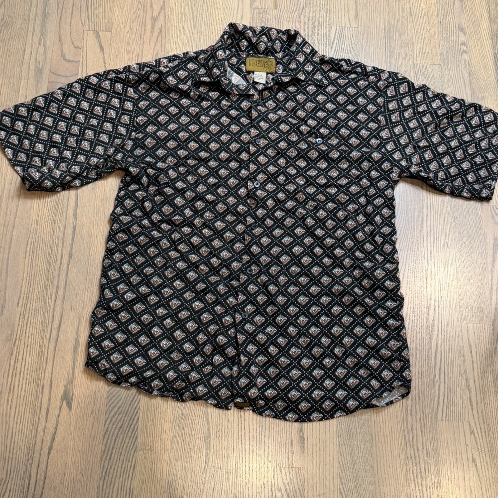 Utopia‎ Mens Geometric Print Button Up Shirt Black Red Blue Size L